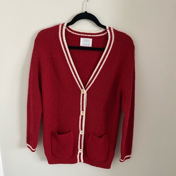 Zara Other - Zara Kids Blazer Cardigan Red w/ White Stripes V-neck Buttons Size 13-14/164